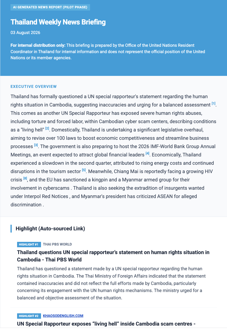 Example page from the United Nations Thailand weekly news briefing with an executive overview and highlighted article